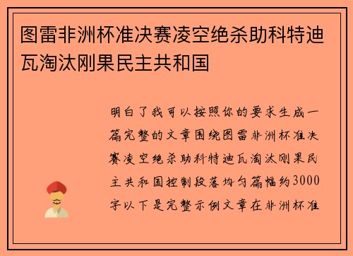 图雷非洲杯准决赛凌空绝杀助科特迪瓦淘汰刚果民主共和国