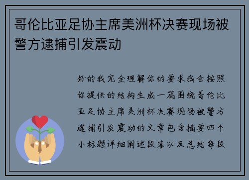 哥伦比亚足协主席美洲杯决赛现场被警方逮捕引发震动